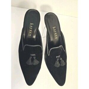 Lauren Ralph Lauren Black Tassle Velour Mules Slip On Shoes Size 8.5 Kitten